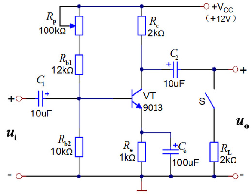 下图所示为分压式偏置放大电路原理图和各元件参数，接上电源，调节至一定值，测得三极管VT各极的电位如下