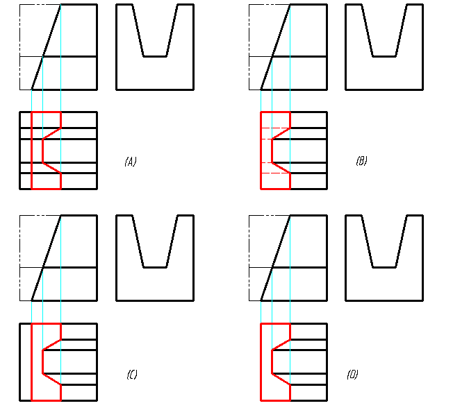 【单选题】完成八棱柱被截切的三视图,下列正确的作图是( ) 37.png