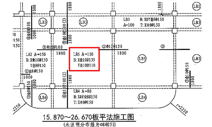 识读下面板的配筋图,可知楼板lb5的厚度是( )mm. [图]