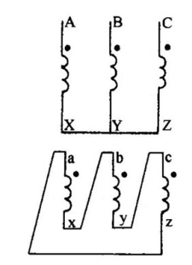 三相变压器原、副边的绕组的联结方式如下图所示，请画出对应相量图，并判别联结组号。 