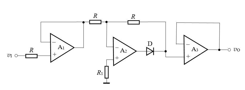 【单选题】电路如下图所示，若设各集成运放及二极管均是理想的，则可判断该电路为（）整流电路。 