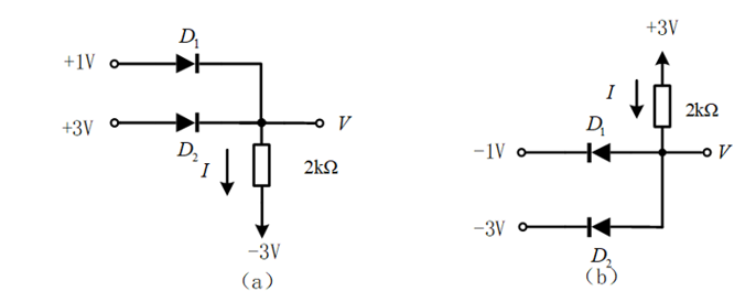 对于图中所示的电路采用理想二极管，求所标明的电压V和电流值I。 