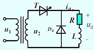 带续流二极管的单相半波整流电路中，负载电阻R=5Ω，Ld很大，输出电流Id=10A。由交流220V电