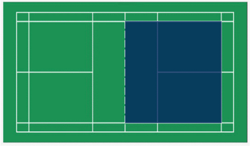 【单选题】以下选项的图示中，中间虚线代表球网，那么哪一个色块区域是羽毛球双打比赛中击球的有效区域？（