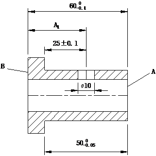 某一轴套零件的轴向尺寸如下图所示，其外圆、内孔及端面均已加工完毕。试求：当以B面定位钻直径为φ10m