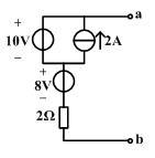 如图所示一有源二端线性网络，其戴维宁等效电路中电压源为（）V。 