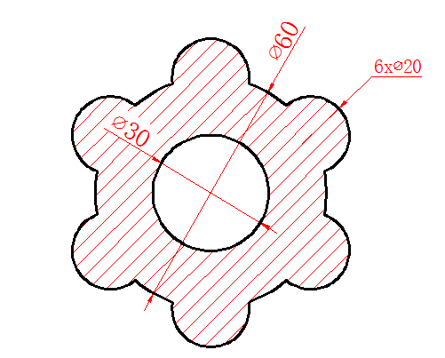 绘制如图所示图形（6个小圆圆心在Φ60圆周上），计算阴影部分面积？ 提示：选中图案填充图案，在其右键