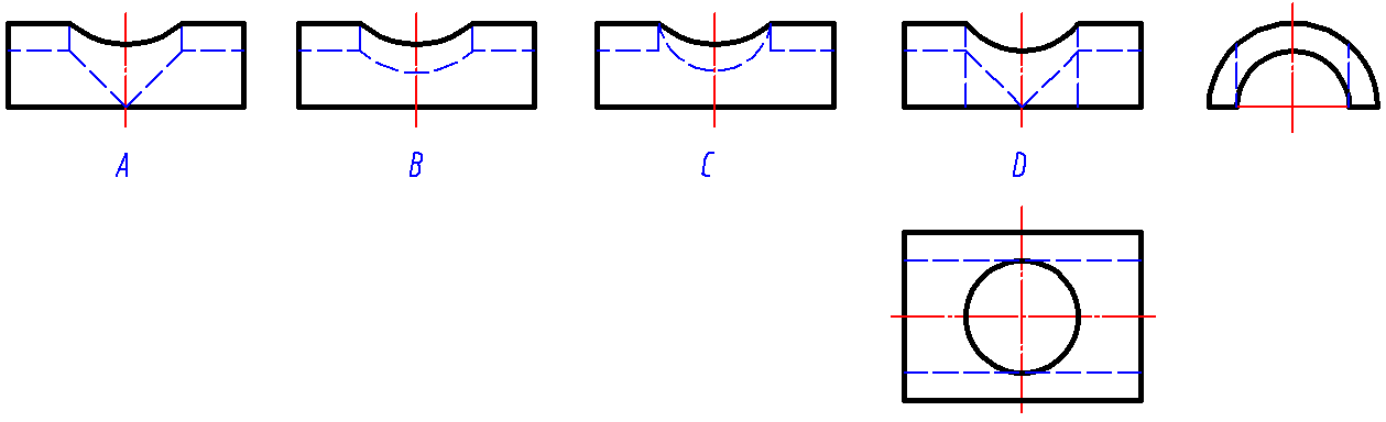 如图中所示，已知圆柱正交时的俯、左视图，画法正确的主视图是（）。 