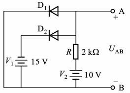 图示电路中，二极管为理想二极管，求AB两端输出电压＝ V  