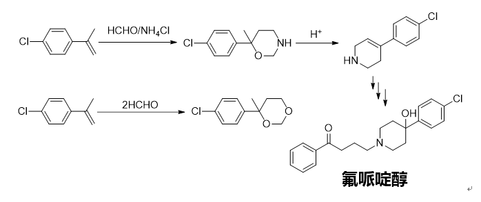 下图为抗精神分裂症药物氟哌啶醇的制备过程，则下面描述正确的是（）。 