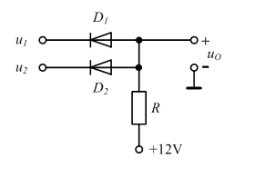 二极管电路如题图所示，设二极管为理想二极管，已知u1=-3V，u2=0V，则输出电压uo为（)。 