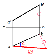 （判断）已知直线AB的正面投影和水平投影，求AB直线段实长及其相对于H面倾角α的作图方法如下。 