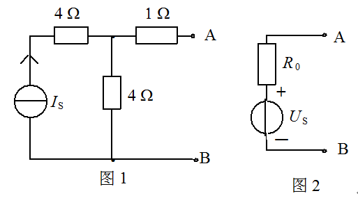 图2是图1所示电路的戴维宁等效电压源。已知图2中US=8V，则图1中的电流源IS的值应是（)。 