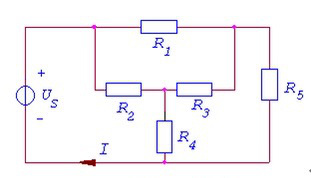 图示电路中，已知 R1=R2=10Ω，R4=R5=20Ω，R3=5Ω，Us=15V，则电流 I 为（