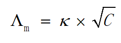 电解质溶液中，电导率κ与摩尔电导率Λ、电解质溶液浓度C之间的关系为()。