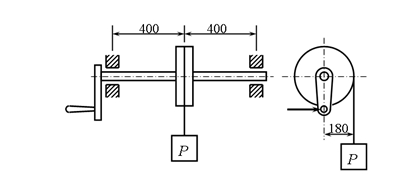 手摇绞车如图，轴的直径d=30mm，材料为Q235钢，[σ]=80MPa，起吊重量P=780N。试按