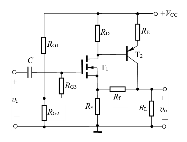 【填空题】反馈放大电路如下图所示，由图可判断电路引入的级间反馈类型为（）。若满足深度负反馈条件，则可