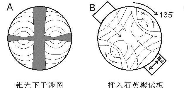 某矿物干涉图为“卵形”色圈见图A，加入石英楔，色圈移动见图B。请问矿物轴性、光性、切面方向。 