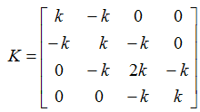 如图所示的系统中，4个物体的质量均为m，由三根刚度系数均为k的弹连接。初始时四个物体的位移都为0，初