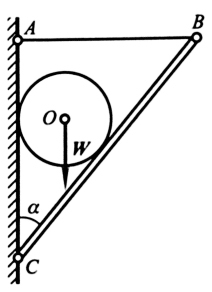 均质球重 W、半径为r，放在墙与杆CB之间，杆长为l，其与墙的夹角为α，B端用水平绳BA拉住。不计杆