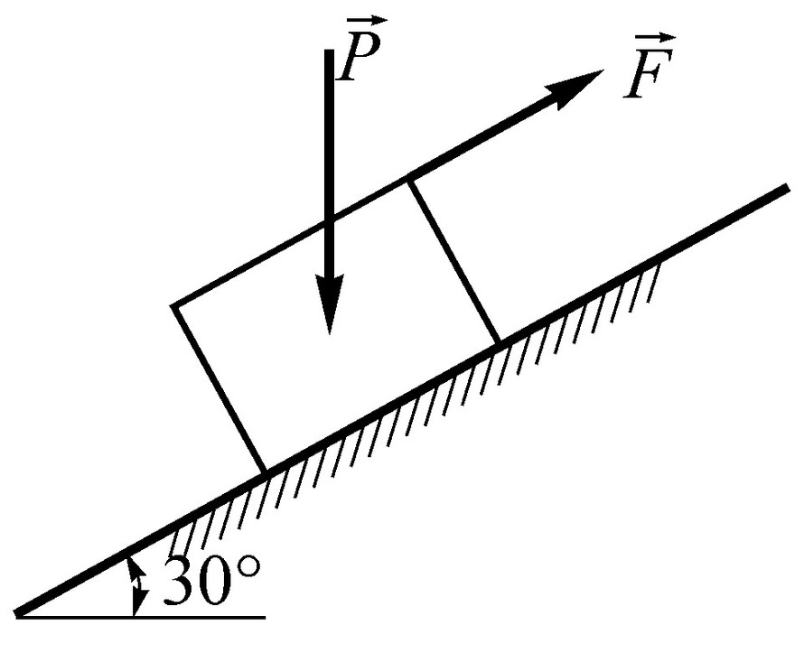 均质立方体重P，置于 倾角的斜面上，摩擦因数fs=0.25，开始时在 拉力作用下物体静止不动，然后逐