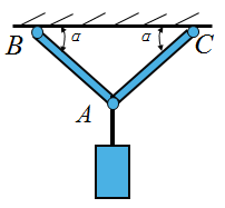 【简答题】如图所示系统中两个构件用铰链连接，在A处挂一个重物，求两个构件受到的力的大小。此时应该主要