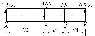 圆轴受力如图所示，直径为d。试： （1）画出扭矩图； （2）画出危险截面的切应力分布图； （3）计算