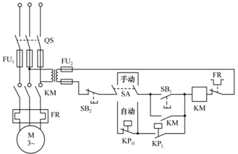 如图所示，为某压力水柜水泵控制线路图，在接线时忘记接入KM常开辅助触头，在SA合于自动位置时，则会出