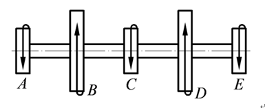 等直传动轴如图所示，轮B、D为主动轮，轮A、C、E为从动轮。若主动轮B、D上的输入功率相等，从动轮A