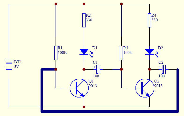 多谐振荡器，带两个LED，如图1，当电容充电时（指电容两端电压变高），流过电容的电流必经之路是 