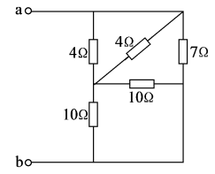 下图所示电路a、b之间的总电阻为 Ω。（答案若为整数，则采用整数；若不为整数，则采用小数，且精确到小