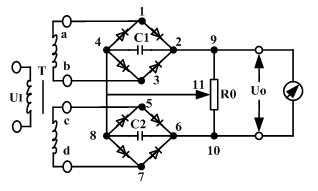 【计算题】试分析图所示差动整流电路的整流原理，若将其作为螺线管式差动变压器的测量电路，如何根据输出电