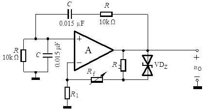 文氏电桥RC正弦波振荡电路如图所示。设A为理想集成运放，电阻R1＝10kW，R2＝2kW，Rf＝5k