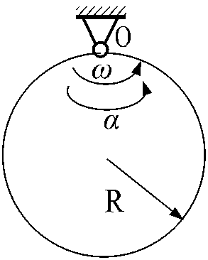 如图所示，均质圆盘质量为m，半径为R，绕固定在圆盘边缘的O轴转动。此时转动的角速度w为零，角加速度为