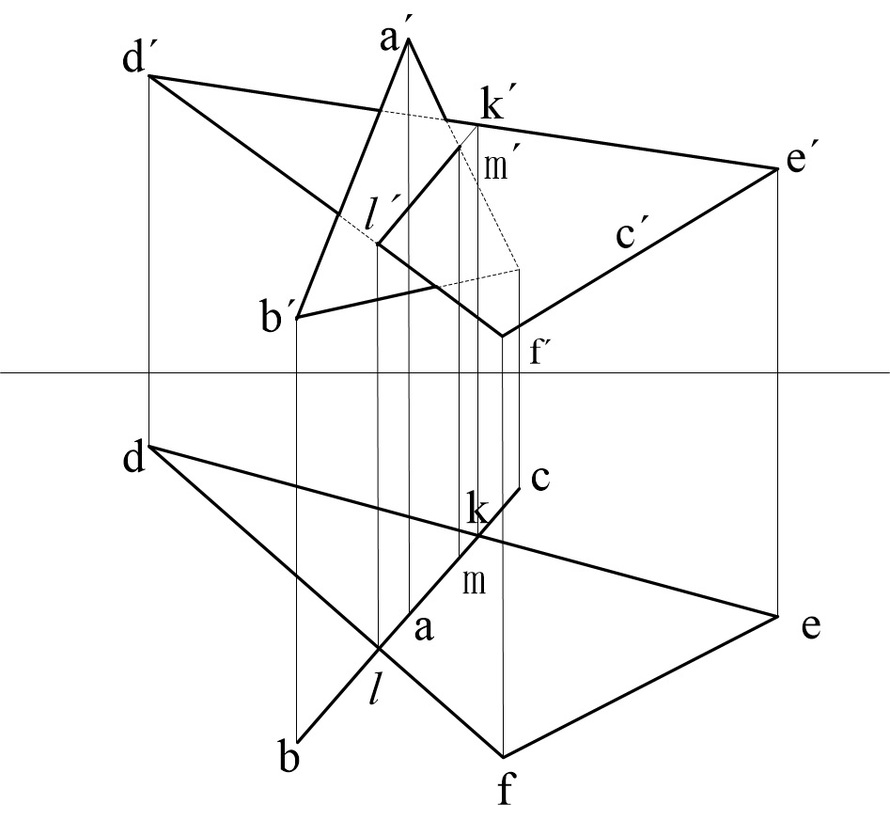 如图所示△abc是铅垂面,△def是一般位置平面,lm为两平面的交线,判断
