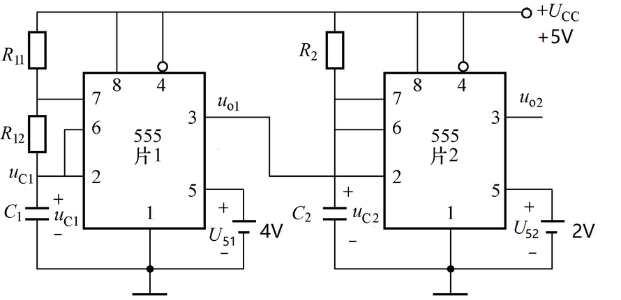 用电路如图所示，UCC =5V，R11=R12=10k[图]，C1=300pF，R2...用电路如图
