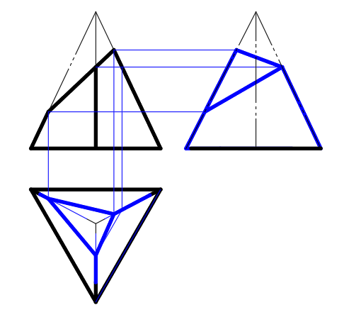 下列截切三棱锥的三面投影图，正确的是