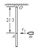 长为、质量为 M 的均质杆可绕通过杆一端O在纸面内做定轴转动。开始时杆竖直下垂静止，如图所示。现有一