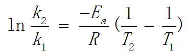 在T1 和T2 两个温度之间的阿累尼乌斯方程可以表示为：