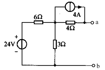 在图示有源二端网络的戴维南等效电路中，24V的独立电压源和6欧姆的电阻串联。 