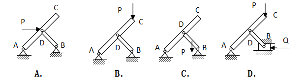 图示各杆自重不计，以下四种情况中，哪一种情况的BD杆不是二力构件？   