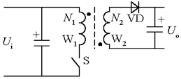 单端反激式直流变换电路结构如下图所示，开关S控制信号占空比为α，在电流连续模式下该电路的电压变换比为