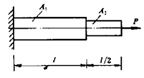 阶梯形杆的横截面面积分别为A1=2A，A2=A，材料的弹性模量为E。杆件受轴向拉力P作用时，最大的伸