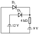 下图所示电路中，D1、D2均为理想二极管，二极管D2的两端电压为： V。 