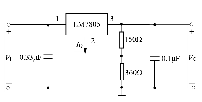 【填空题】由固定三端集成稳压器LM7805组成的扩压电路如下图所示，若忽略IQ，则可求得输出电压VO