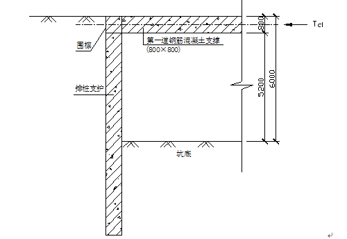 某基坑采用排桩支护，开挖深度为6m，设一道800×800钢筋混凝土内支撑，如下图所示。已知土的粘聚力