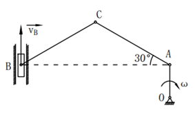 杆OA以匀角速 绕O轴朝顺时针向转动，滑块B在铅直槽内滑动，如图。已知OA=20cm，AC=BC=6