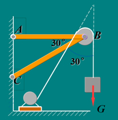 利用铰车绕过定滑轮B的绳子吊起一货物重G = 20 kN，滑轮由两端铰接的水平刚杆AB和斜刚杆BC支