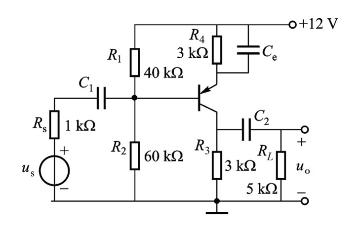 电路如图所示，已知=50，=1.23K，则考虑信号源内阻时电压放大倍数约为（）。 