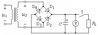 单相桥式整流滤波电路如图所示，其中C=1000μF，当开关S闭合时，直流电压表的读数是12V，开关断